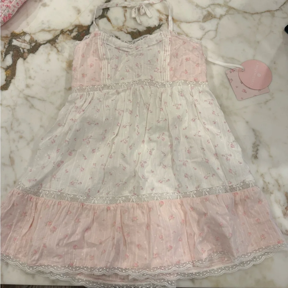 Girls Pink Floral Lace-Trim Sundress